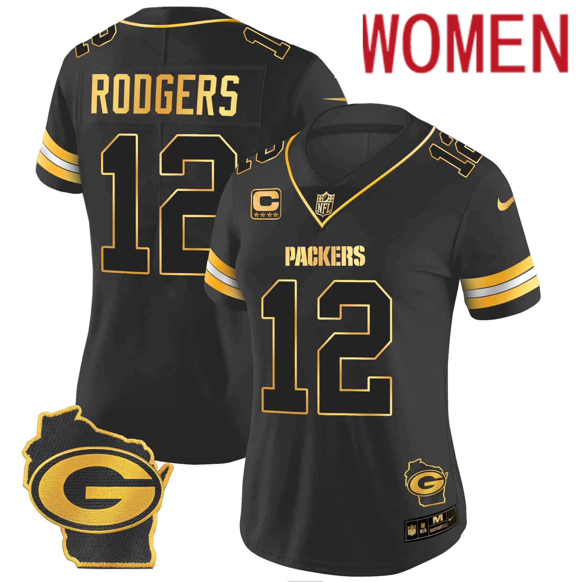 Women Green Bay Packers #12 Rodgers Black Gold 2024 Nike Home Patch Vapor NFL Jersey style 2->women nfl jersey->Women Jersey